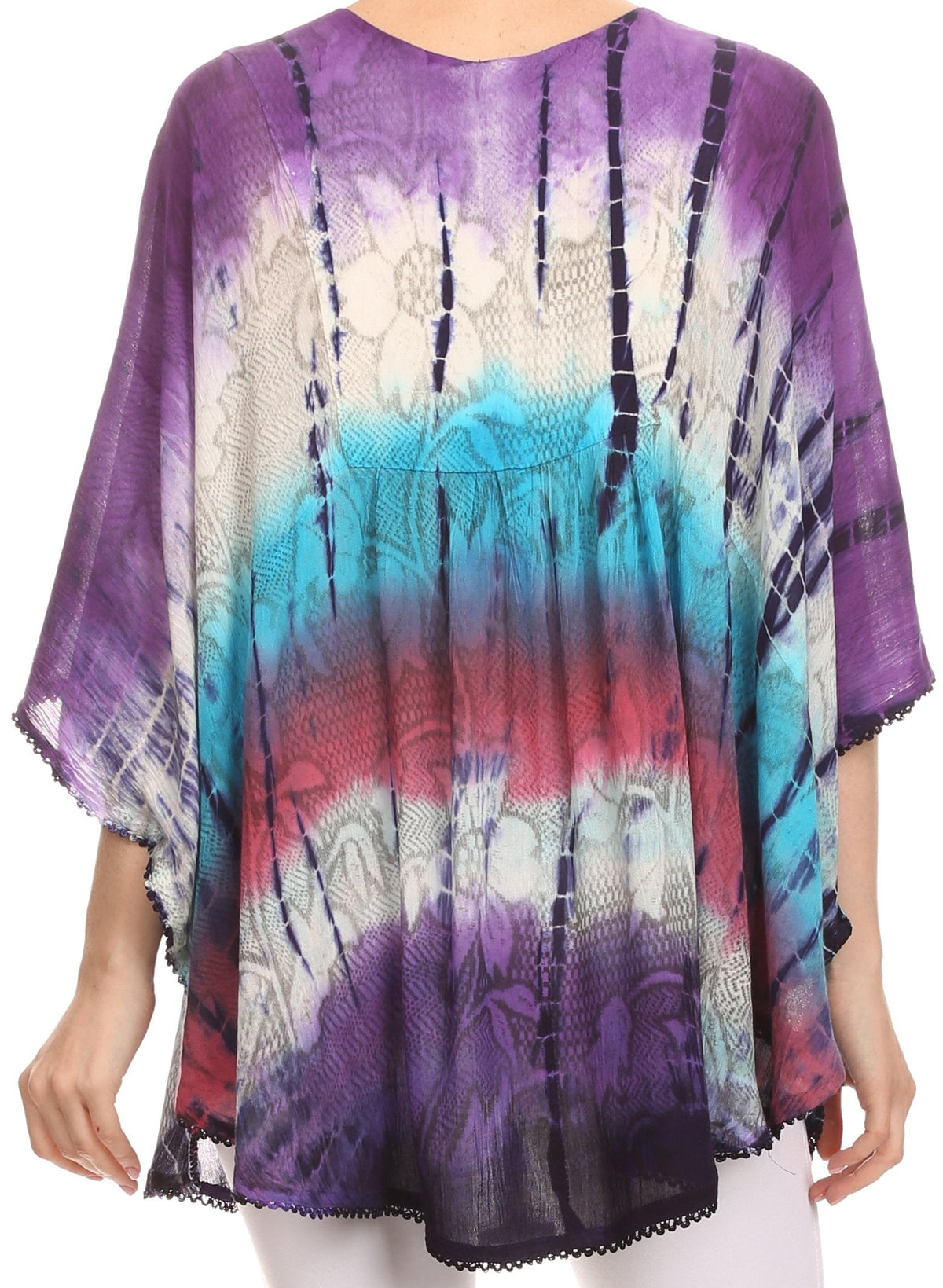 Sakkas Ellesa Ombre Tie Dye Circle Poncho Blouse Shirt Top With Sequin Embroidery